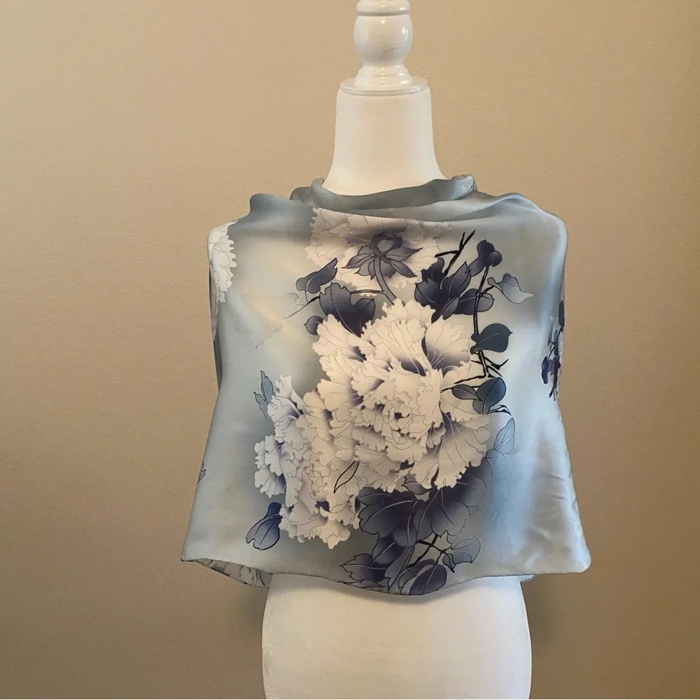 100% Silk Hand Stitched Floral Blue and Gray Oblong Scarf
